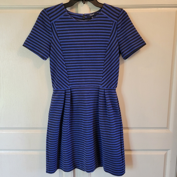 Madewell Blue Black Striped Textured Short Sleeve Dress - Picture 1 of 7